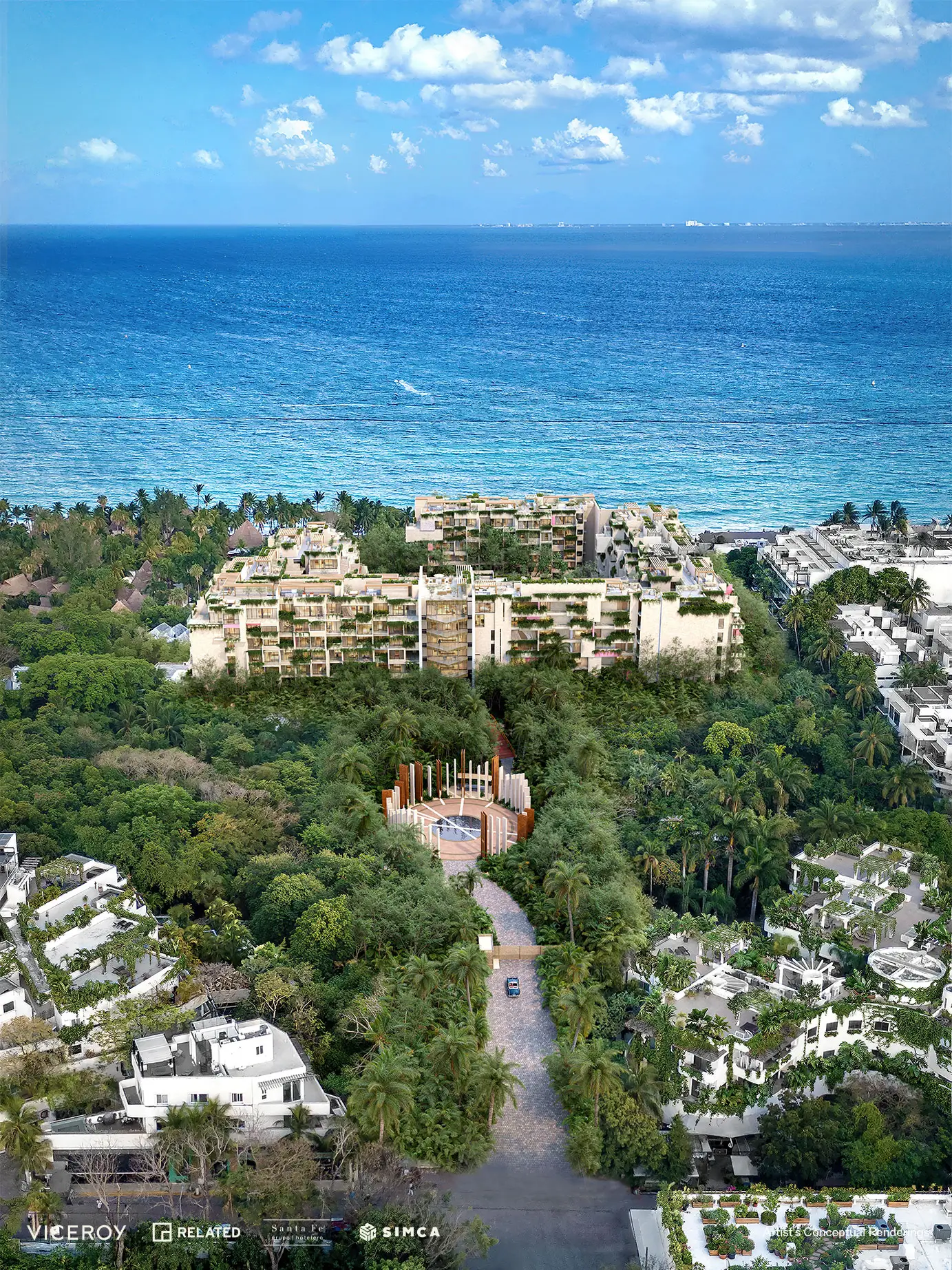 Viceroy Residences Playa del Carmen – grand entrance gate with tall columns, lush tropical palms, and a private driveway leading to luxury residences