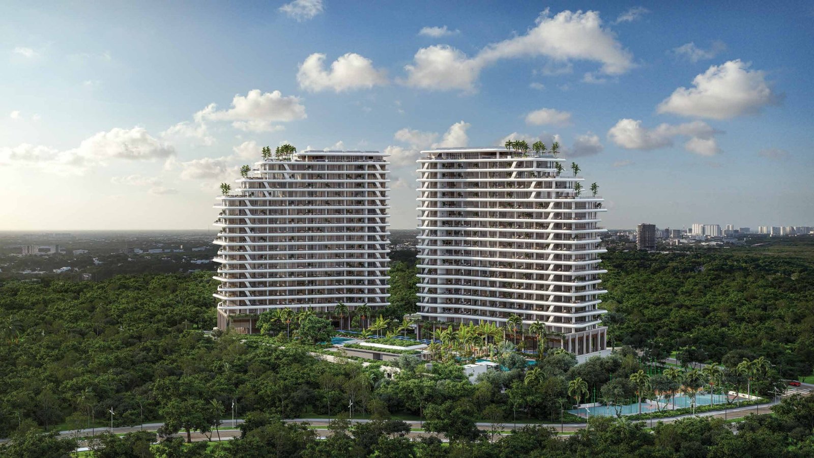 Exterior — Daytime aerial, towers in tropical jungle canopy.